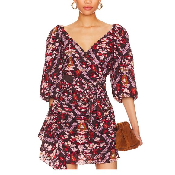 NEW RHODE DARYA WRAP AROUND MINI DRESS IN PLUMERIA CHOCOLATE PRINT SIZE M - Picture 2 of 12